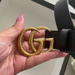 Gucci Leather belt with Double G buckle - Black and Gold
